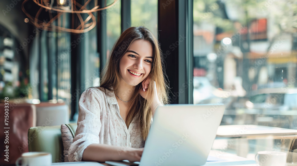 Fototapeta premium A woman focused on her laptop while sitting at a table.