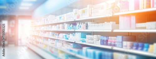 Blur pharmacy shelves with medicines for advertising, promotional product display