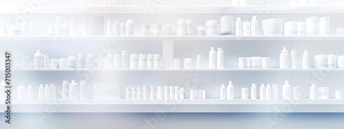 Blur pharmacy shelves with medicines for advertising, promotional product display photo