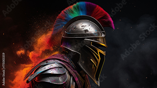 Spartan helmet and colored smoke on a black background Generate AI © Demar