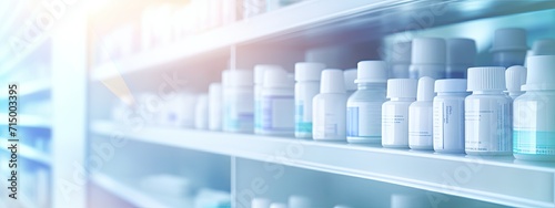 Blur pharmacy shelves with medicines for advertising, promotional product display