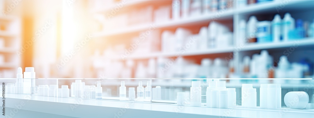 Blur pharmacy shelves with medicines for advertising, promotional product display