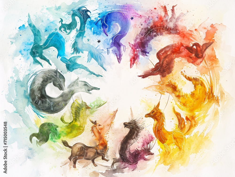 A colorful illustration of various animals, including a dragon, a horse, and a unicorn, arranged in a circle. Generative AI