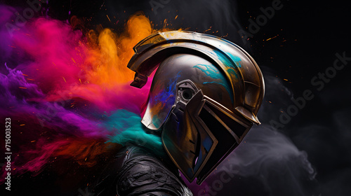 Spartan helmet and colored smoke on a black background Generate AI photo