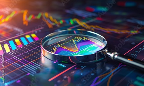 A magnifying glass on a colorful chart. Generative AI photo