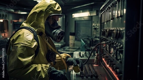 An engineer working in a lab, wearing a gas mask and protective suit
