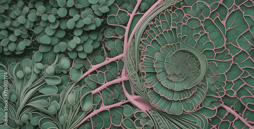 Exotic Alien Floral Plant Pattern Texture with Beautiful Spiral Salad Mushroom Shapes with Pink Veins on green Leafs like Shamrock Moss Environment and Nature growth eating Vegetables or Fantasy Art