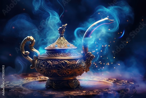 Traditional arabic metal pot with blue smoke on dark background. fantasy magical lamp with blue smokes on abstract background. traditional aroma pot.