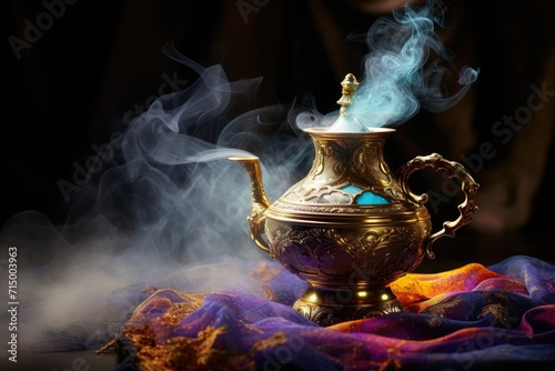 Fantasy magic lamp with abstract smoke. Arabic pot with incense on a black background. Eastern culture. fantasy concept.