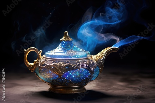Magical oriental pot with blue smoke on a dark background. abstract blue smoke background with magical lamp. traditional arabic pot.