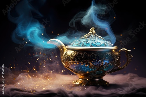 Magic genie lamp with blue smoke and fire on black background. fantasy concept. traditional arabian pot. magic pot with abstract colorful smokes and glitters.