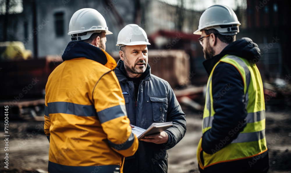 Professional engineers discussing about blueprints and effectivity at construction site Professional engineers discussing about blueprints and effectivity at construction site