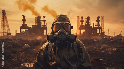 An engineer working in a lab, wearing a gas mask and protective suit photo