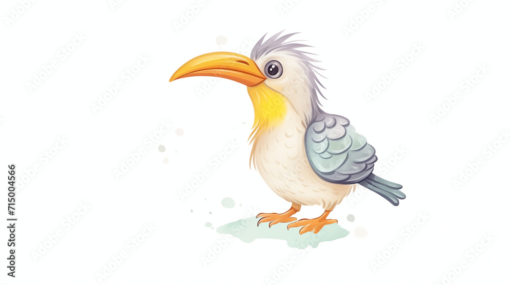 Obraz premium A yellow-billed hornbill chick is a reminder of the beauty and wonder of nature. water color, cartoon, hand drawing, animation 3D, vibrant, minimalist style. ai generated.