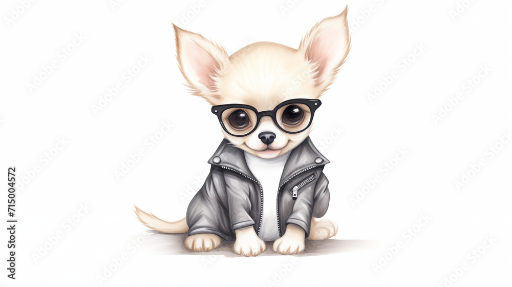 A white Chihuahua, stylishly adorned in a leather jacket water color, cartoon, hand drawing, animation 3D, vibrant, minimalist style. ai generated.