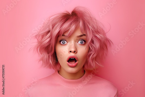 portrait of a scared woman. Scared face. Pink color background.