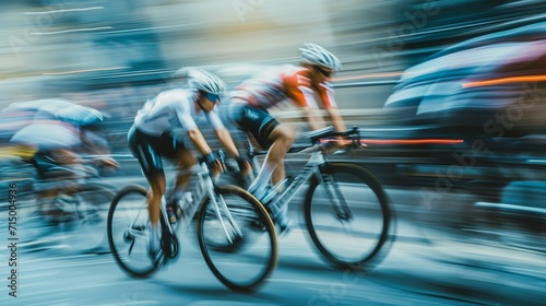 Cycling, cycling sports competitions, in the style of a blurred frame, photos at speed with blurred athletes photo