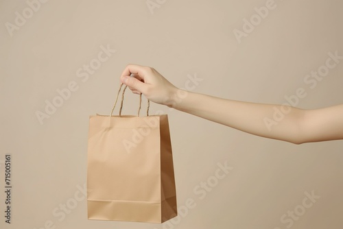 A hand holding a paper grocery bag