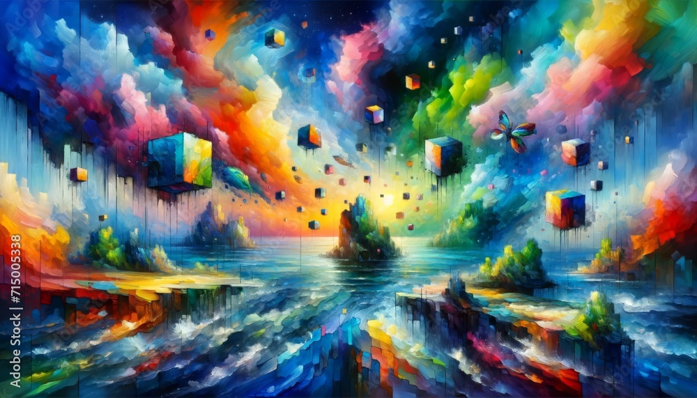 Mystical Sea and Sky Scape Art.
Artwork of a mystical seascape with floating colourful cubes.