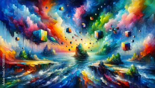 Mystical Sea and Sky Scape Art.
Artwork of a mystical seascape with floating colourful cubes.