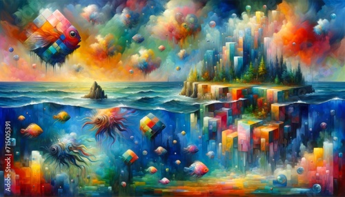 Surreal Oceanic Landscape Art. Surreal ocean landscape with floating islands and marine life.