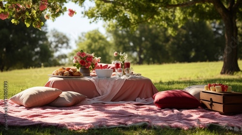 An outdoor birthday picnic setting with a decorated blanket and an empty area beside the spread for adding customized birthday greetings - Generative AI