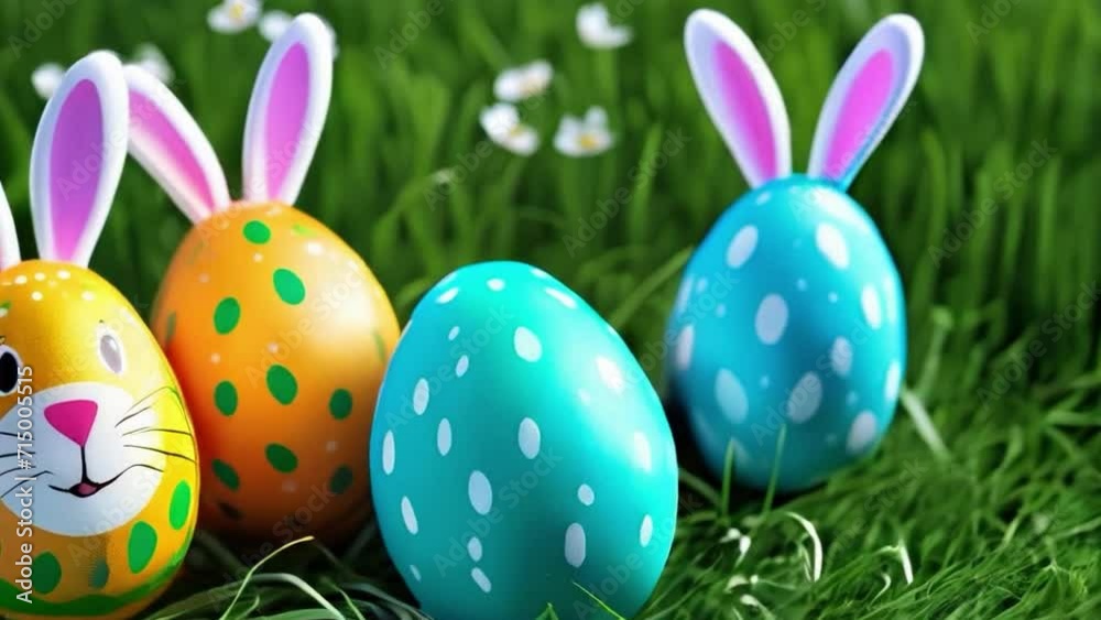 Easter eggs with colorul patterns and cute ears. AI generated. Loopable. Easter eggs with colorul patterns and cute ears. AI generated. Loopable.