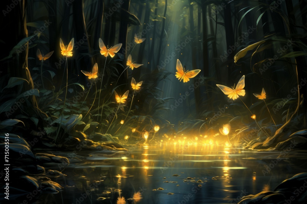Fototapeta premium Playful twilight fireflies, dancing in the fading light, casting a soft glow on the world - Generative AI