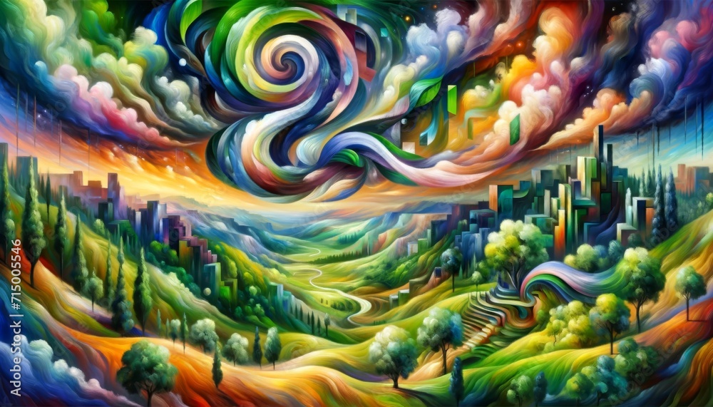 Whimsical Landscape Fantasy Art.
Whimsical landscape with swirling skies and lush greenery.