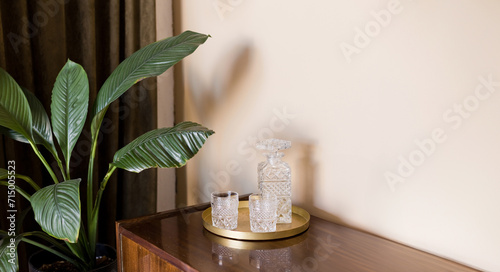 Tray with glass bottle and plant