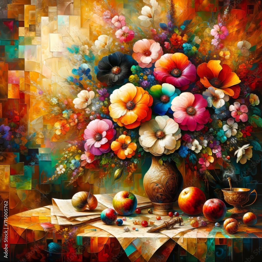 Abstract Floral and Fruit Still Life.
Vibrant abstract still life with flowers and fruits.