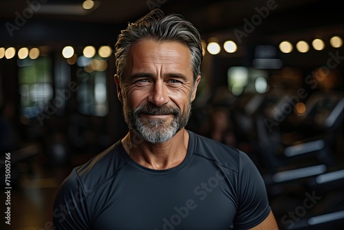 Medium shot portrait photography of a pleased, man in his 60s that is wearing athletic wear against a gym setting background