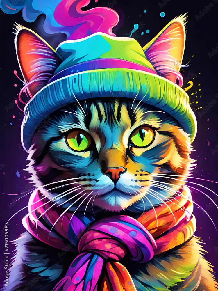 Colorful portrait of a cat in a hat with a scarf. Neon colored illustration