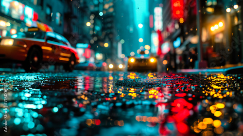 Rainy Night Street: An abstract and blurred view of a rainy night street, capturing the atmosphere of urban life and city lights