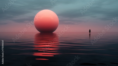 The black sphere floating in the water of the ocean, in the style of soft tonal color shifts, photo