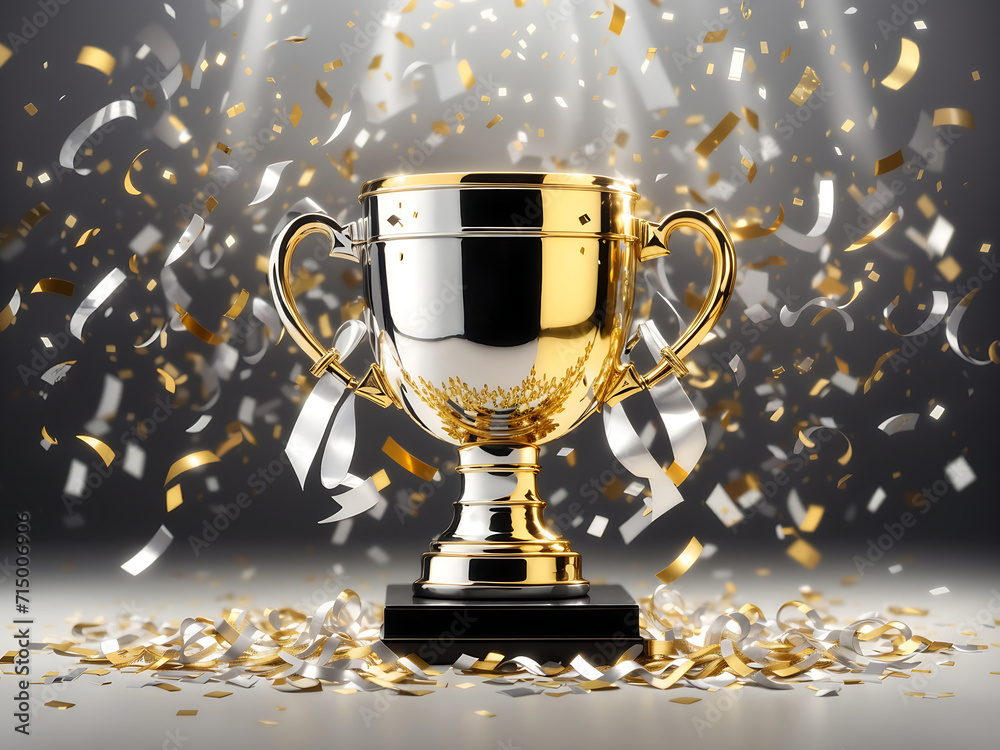 championship cup or winner trophy in golden and silver shiny chrome with celebration confetti and ribbon decoration as a wide banner with copy space area designs. championship cup or winner trophy in golden and silver shiny chrome with celebration confetti and ribbon decoration as a wide banner with copy space area designs.