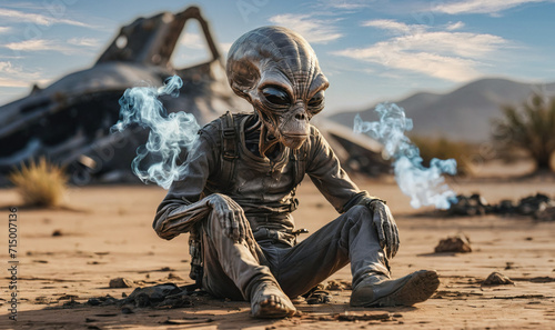 illustration of a sad alien with smokes sitting near to crashed alien space ship UFO on desert, generative AI photo