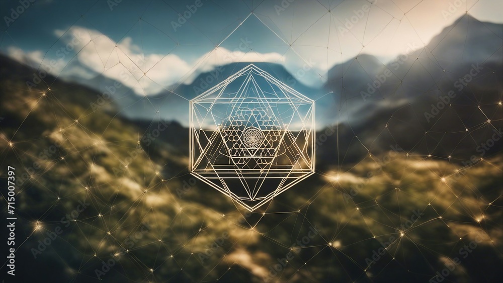 net on the sky Abstract background with the image of the mountain landscape and the sacred geometry symbol. net on the sky Abstract background with the image of the mountain landscape and the sacred geometry symbol.
