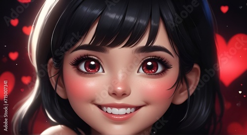 Behold a stunning Gougers cartoon girl with flowing black hair, and a captivating smile, set against a black-glittered backdrop, a Closeup image of a gougers cartoon girl photo