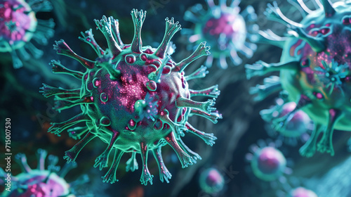 An electron microscope image of a virus, artistically colorized, microbe, dynamic and dramatic compositions, with copy space