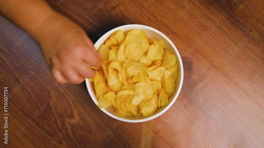 potato chips, Many people use their hands to take potato chips from the white bowl on brown wooden table, Time Lapse and top view shot potato chips, Many people use their hands to take potato chips from the white bowl on brown wooden table, Time Lapse and top view shot