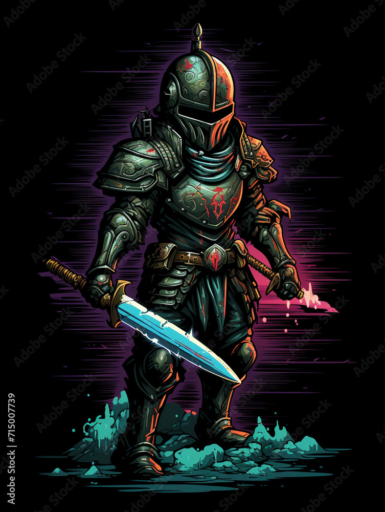 Fototapeta premium T-shirt design, 16-bit pixel art, retro arcade, pixelated knight with sword, pastel colors created with Generative Ai