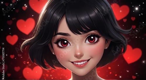 a stunning Gougers cartoon girl with flowing black hair, a captivating smile, set against a backdrop with red hearts