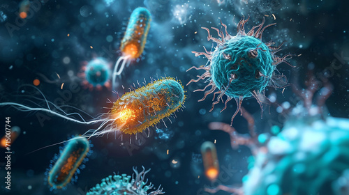 A conceptual image of nanobots attacking harmful bacteria, microbe, dynamic and dramatic compositions, with copy space © Катерина Євтехова