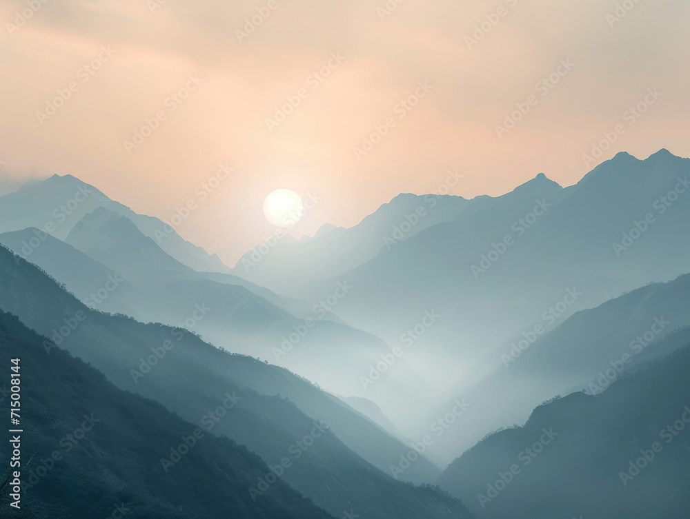 Fototapeta premium Image of a silver sunrise illuminating the misty mountains. The soft gradients and ethereal atmosphere can inspire breathtaking digital art pieces.