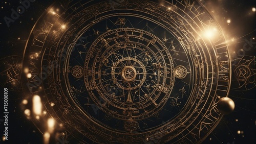 astronomical clock in space  Orbits of Destiny series. Abstract design made of sacred symbols, signs, geometry and designs  