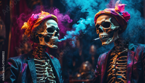 Two skeleton in colorful clothes smoking a vape. AI generated 