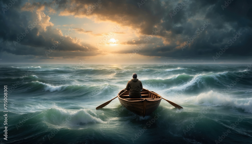 Lonely man in rowboat on stormy ocean. AI generated  - obrazy, fototapety, plakaty 