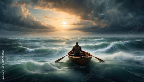 Fotografie, Obraz Lonely man in rowboat on stormy ocean. AI generated