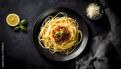 Pasta on black background, Italian spaghetti with bolognaise sauce.  photo